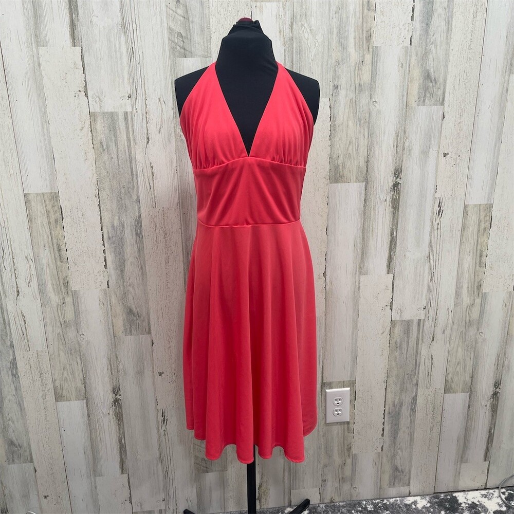 Womens Coral Pink Halter Fit & Flare Midi Dress V-Neck Tie Neck Size 12 sku571
